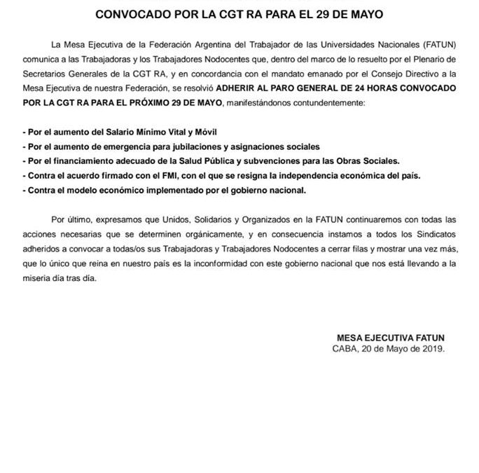 EL 29/05, FATUN ADHIERE AL PARO NACIONAL CONVOCADO POR LA CGT R.A.