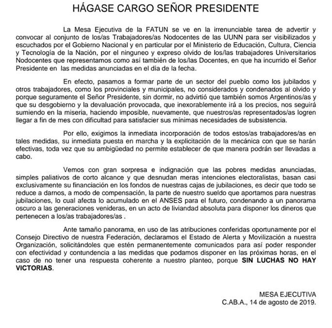 Comunicado de la Mesa Ejecutiva – ESTADO DE ALERTA Y MOVILIZACIÓN DE LA FATUN