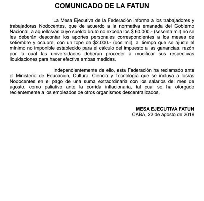 Comunicado de la Mesa Ejecutiva de la FATUN