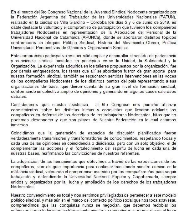 DOCUMENTO PRESENTADO POR LOS COMPAÑEROS NODOCENTES QUE PARTICIPARON EN EL CONGRESO DE LA JUVENTUD SINDICAL, ORGANIZADO POR LA FATUN.