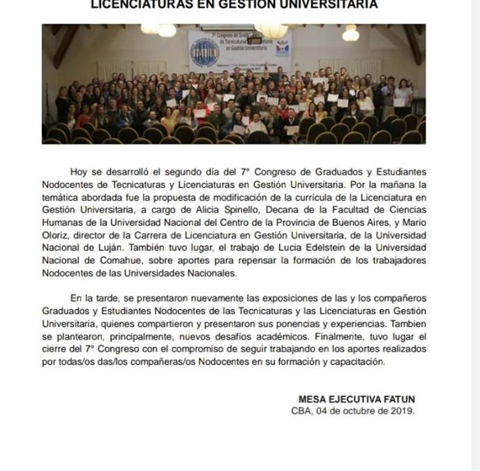 FINALIZÓ EL 7°CONGRESO NACIONAL DE ESTUDIANTES Y GRADUADOS EN LA TEC. Y LIC. EN GESTION UNIVERSITARIA, CON UN ÉXITO.