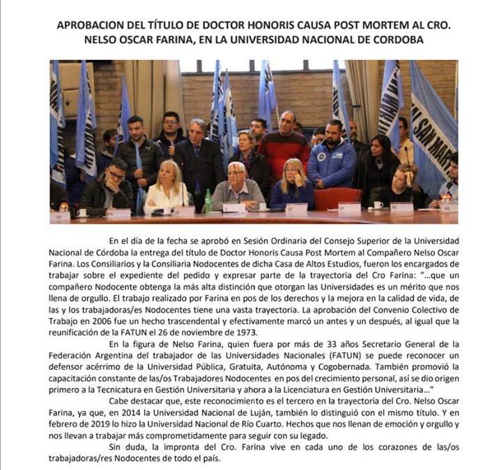 La Universidad Nacional de Córdoba, aprobó el Título Honoris Causa Post Mortem al Cro Nelso Óscar Farina.