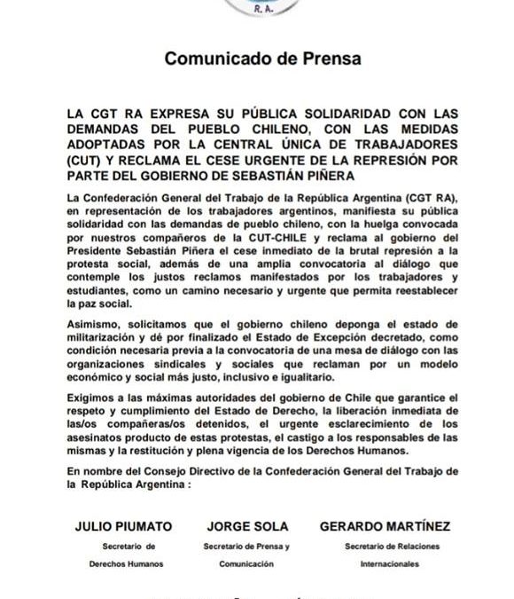 LA FATUN ADHIERE AL DOCUMENTO DE LA CGT R.A., SOLIDARIZANDOSE CON EL PUEBLO CHILENO.