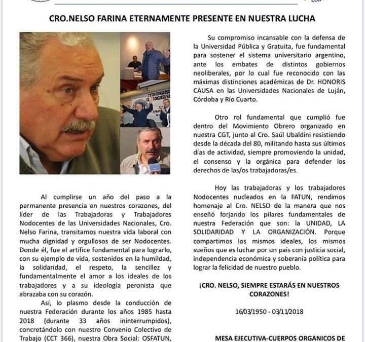 En el 1er aniversario del fallecimiento del líder Nelso Farina, nuestro reconocimiento por su lucha incansable por los Nodocentes.