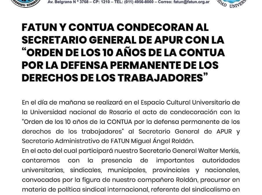 FATUN y CONTUA condecoran al Secretario General de APUR