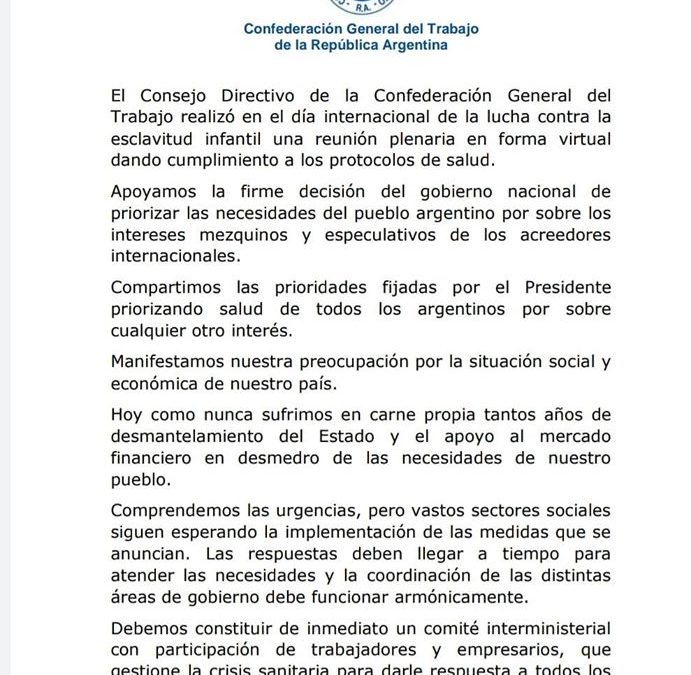 Acompañamiento unánime a la decisión del Presidente, Alberto Fernandez, de priorizar la salud y las necesidades del Pueblo Argentino.