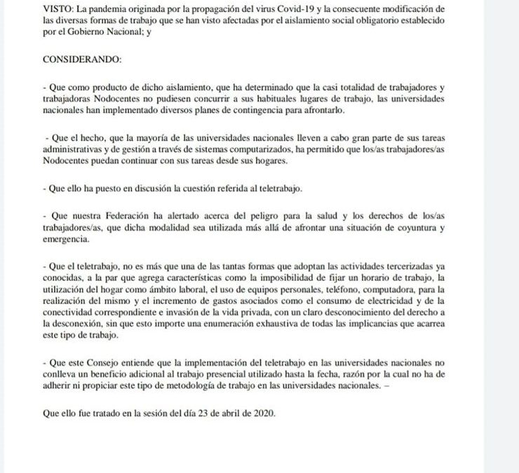 FATUN se opone a la implementación del teletrabajo en las Universidades Nacionales.