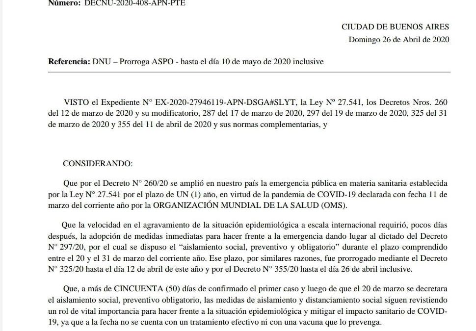 Decreto 408/20 PEN: Prórroga del Aislamiento Social Preventivo y Obligatorio, hasta el 10 de Mayo/20