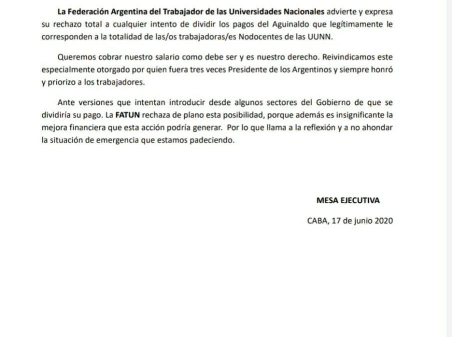 FATUN RECHAZA CUALQUIER INTENTO DE DIVIDIR EL PAGO DEL AGUINALDO A LOS NODOCENTES