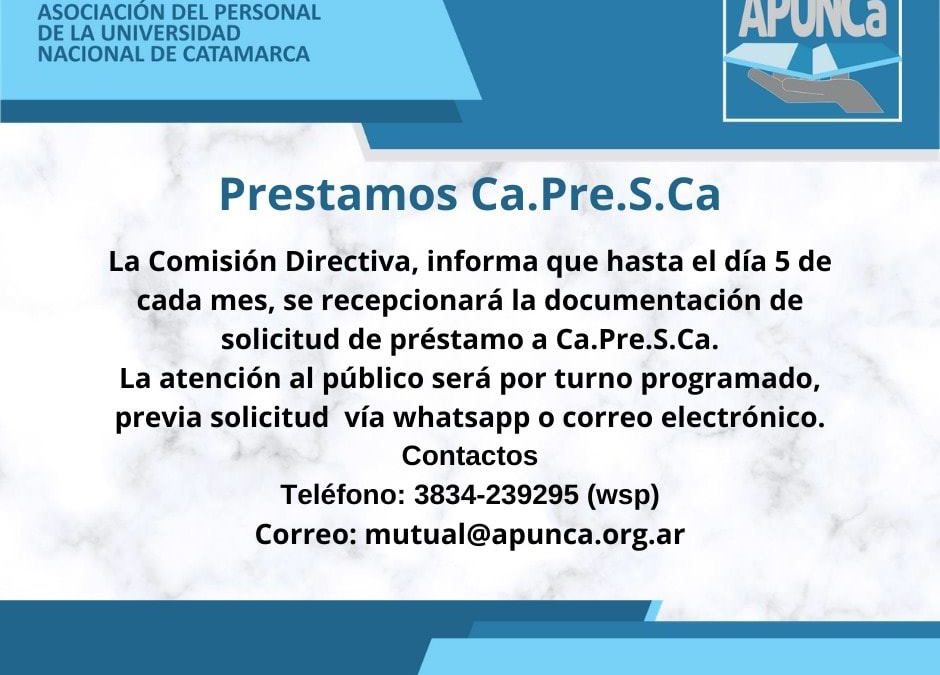 Ca.Pre.S.Ca., habilita la liquidación de Préstamos a nuestros afiliados