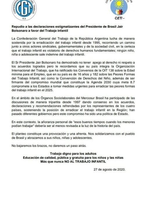 Repudio de la CGT R.A., al Presidente de Brasil Jair  Bolsonaro, por sus declaraciones sobre el Trabajo Infantil.
