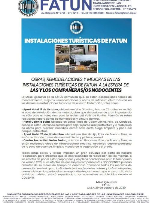 OBRAS, REMODELACIONES Y MEJORAS EN LAS INSTALACIONES TURÍSTICAS DE FATUN, A LA ESPERA DE LA/OS NODOCENTES