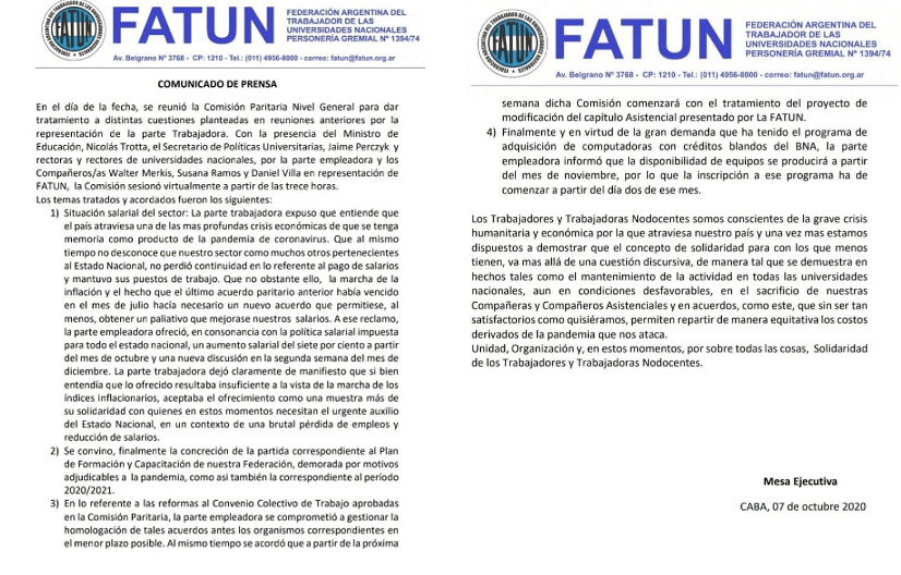 COMUNICADO FATUN  Acuerdo Paritario General : 7% de aumento salarial a partir del 01/10.